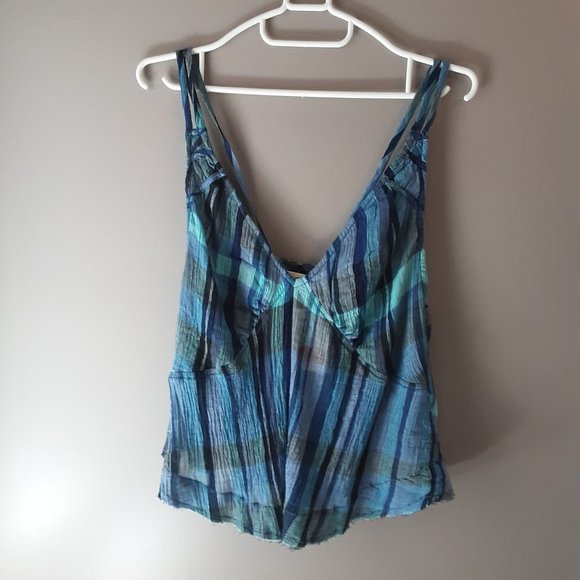 Free People We the Free Blue Plaid Cotton Cami Sleeveless Top Size Small - Picture 4 of 16